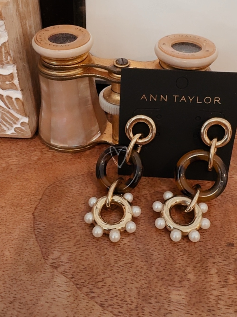 Ann Taylor Gold-Tone Pearl Drop Hoop Earrings with Tortoiseshell